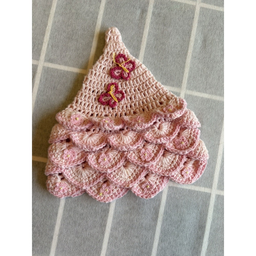 Vintage Handmade‎ Crochet Pink Baby Pixie Bonnet Hat Butterfly Crocodile Stitch